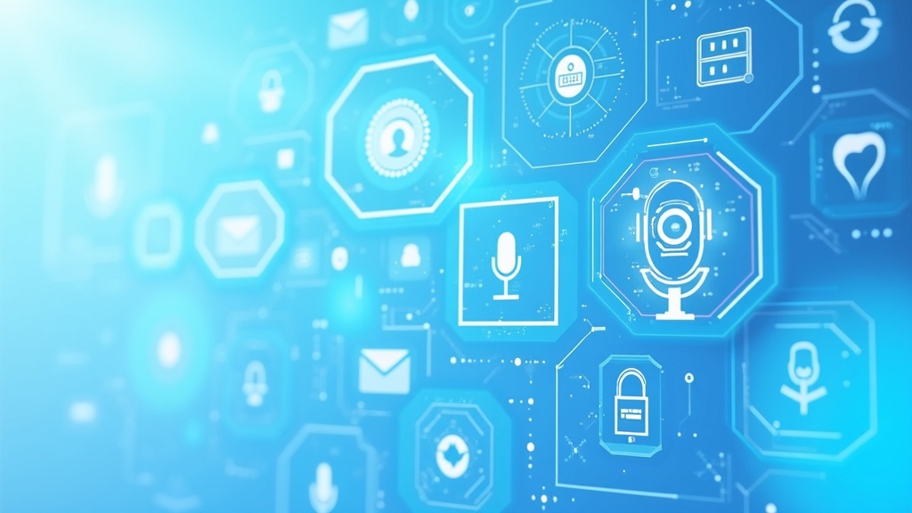 Collage of futuristic AI interface icons illustrating voice, visual, text, and creative AI tools