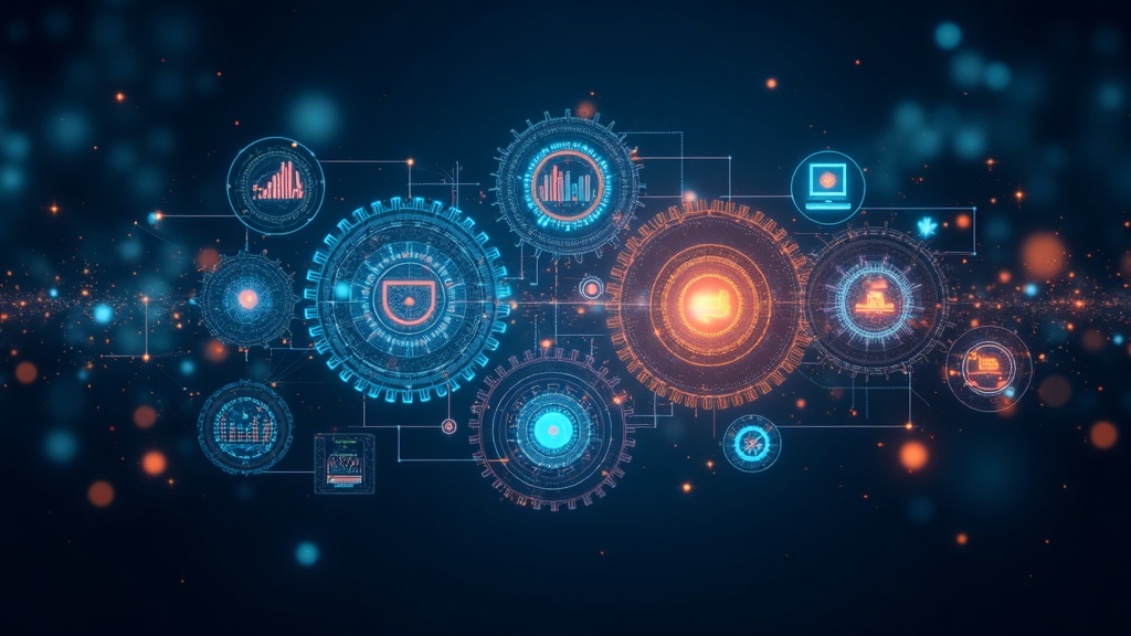 Futuristic collage with gears, digital graphs, and glowing innovation icons representing business transformation through technology and strategy